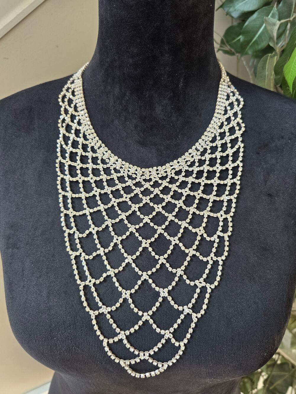 Silver Rhinestone Crystal Draped Bib Necklace Earrings Set Bridal Formal